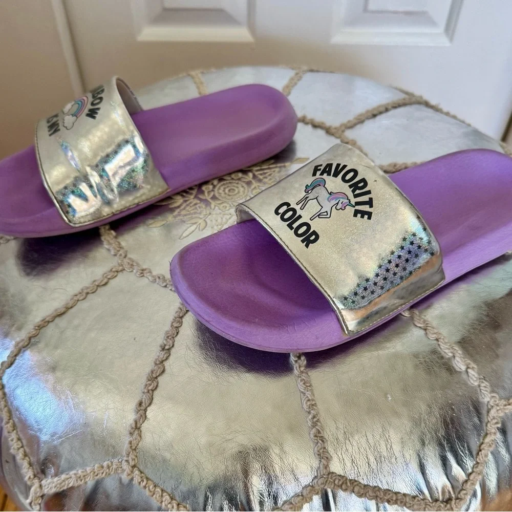 Rainbow is my favorite color purple & silver kids slides size 3/4